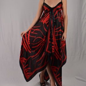 100% silk back and red dress